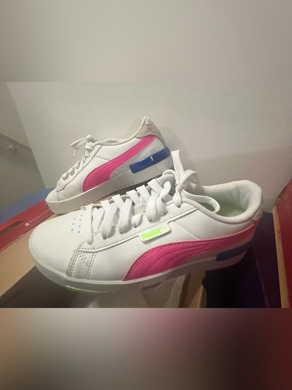 Puma Women’s White Sneakers with Pink Stripe and Blue Heel Detail